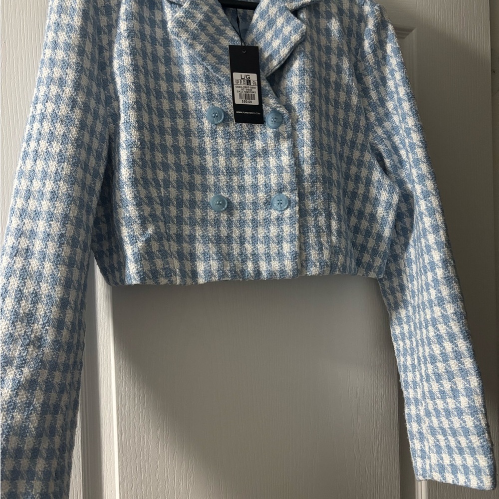 Forever 21 Blue and White Checkered Cropped Women's Jacket
